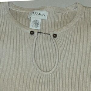 Carmen Marc Valvo Knit Mini Dress Ribbed Keyhole Short Sleeve‎ Beige Casual